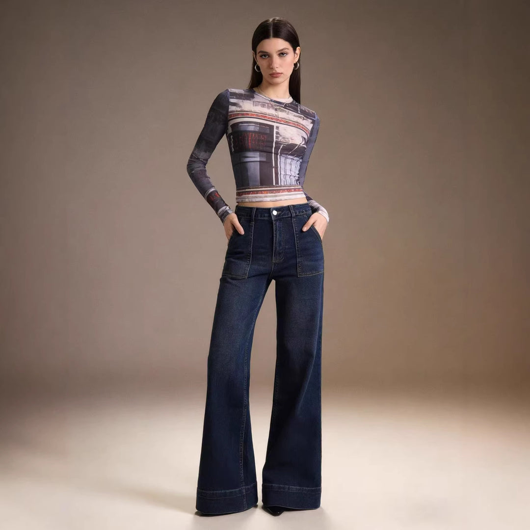 Damen High-Waist Weitbeinerhosen mit angesagtem Aufnäher R&B