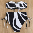 Damen Bandeau-Bikini mit verstellbaren Schnürdetails und modischem Muster R&B