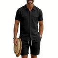 Herren nan sommerliches Freizeitset aus Baumwoll-Leinenmix mit Kurzarm-Hemd und Cargo-Shorts R&B