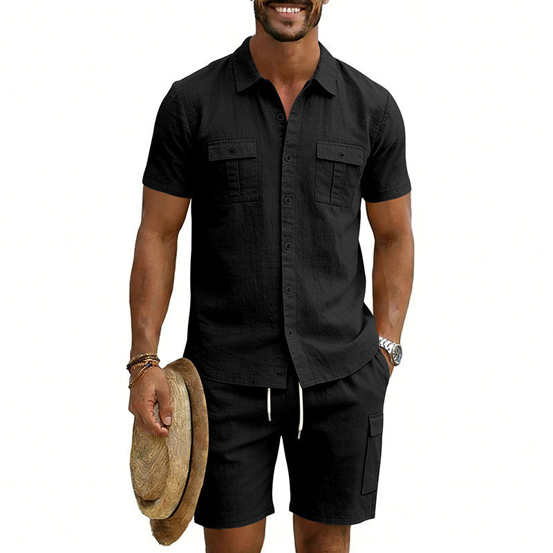 Herren nan sommerliches Freizeitset aus Baumwoll-Leinenmix mit Kurzarm-Hemd und Cargo-Shorts R&B