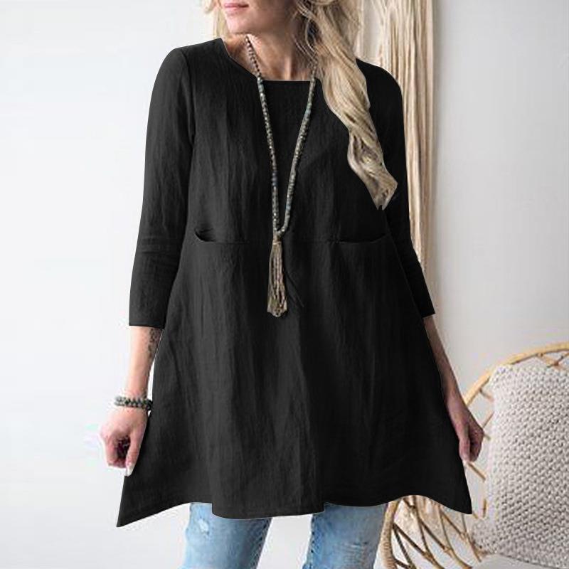 Damen lässiges Tunika-Kleid mit praktischen Taschen und 3/4-Ärmeln R&B