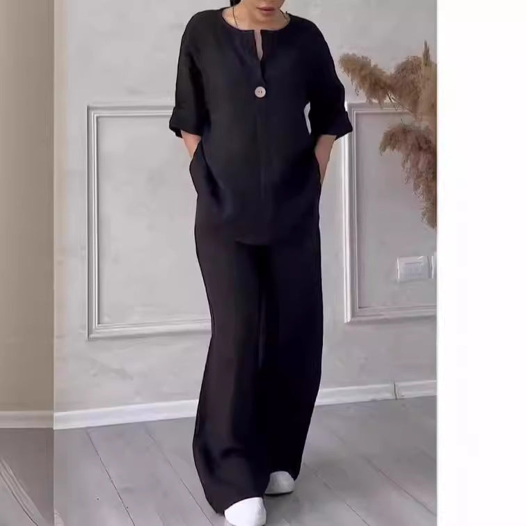 Damen nan lässiges Leinen-Relax-Set mit weiter Hose und Hemdbluse R&B