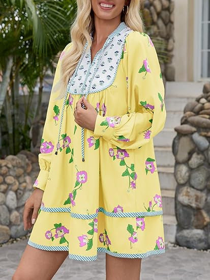 Damen Blusenkleid mit floralem Design und gerafftem Ausschnitt R&B