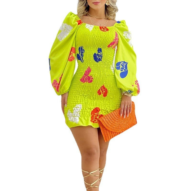 Damen Minikleid mit Puffärmeln und floralem Faltenmuster R&B