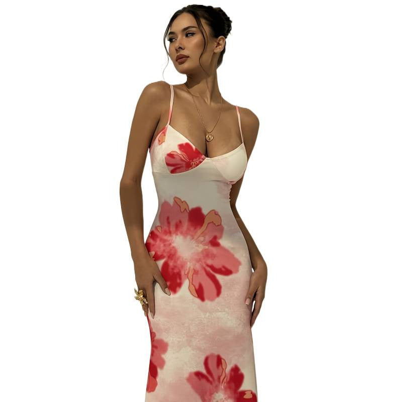 Damen Maxikleid mit zarten Spaghettiträgern und floralem Design R&B