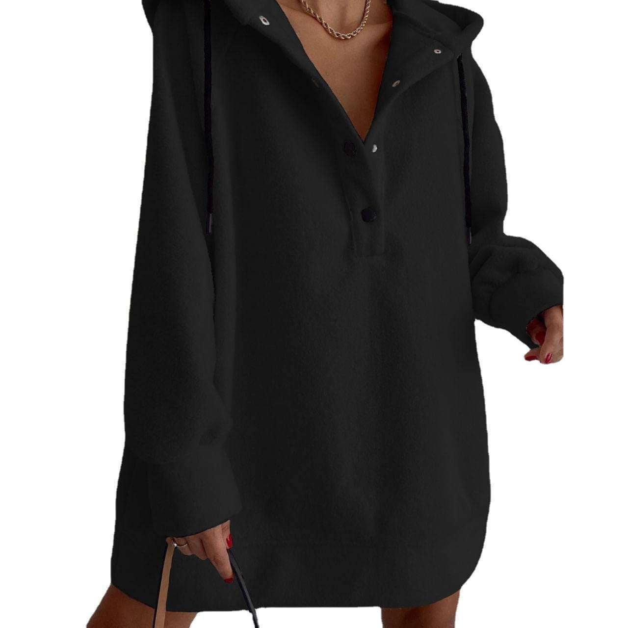 Damen nan kuscheliges Kapuzen-Fleece-Tunika-Sweatshirt mit Druckknopfleiste und überschnittener Schulter R&B