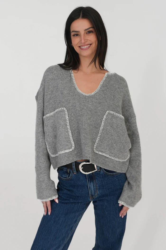Damen lässiger Pullover mit strukturiertem Design und praktischen großen Taschen R&B
