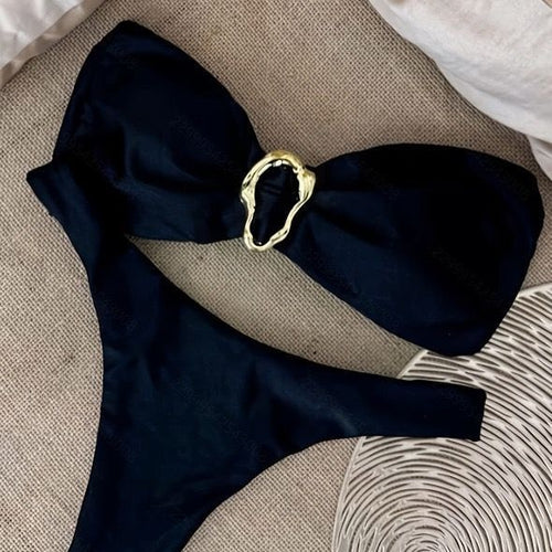 Damen Bikini-Set mit elegantem Knoten und goldener Akzentverzierung R&B
