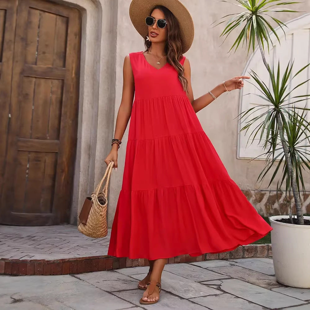 Damen Elegantes Sommer-Maxi-Kleid mit voluminösem Rock und V-Ausschnitt R&B