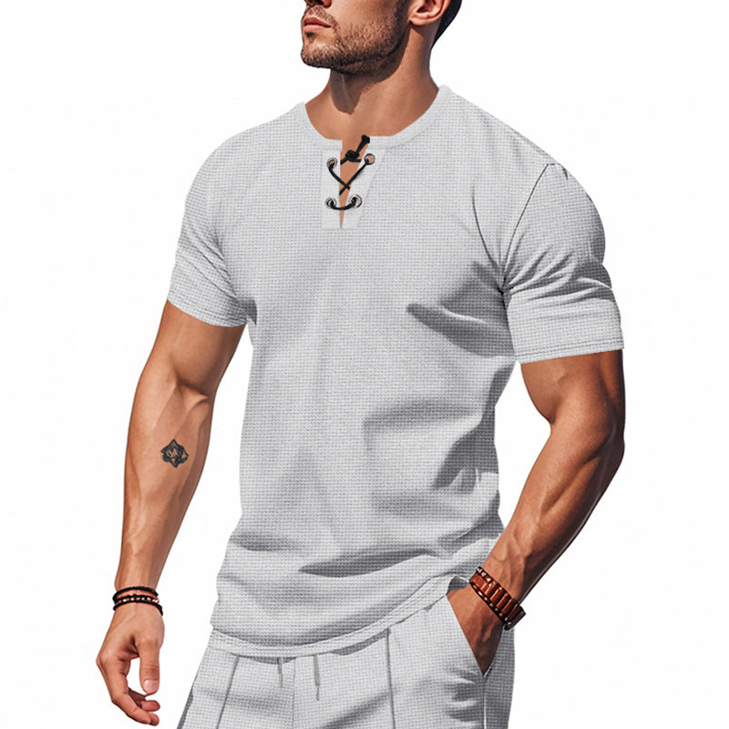 Herren nan Kurzarmshirt mit Schnürung am Ausschnitt und Waffelstruktur R&B