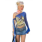 Damen Einseitiges Designer-Oberteil mit kunstvollem Butterfly-Muster und transparenten Rüschendetails R&B