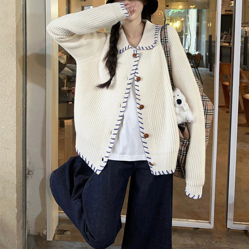 Damen Bequemer Strickcardigan mit kontrastierenden Knopfdetails und großem Kragen R&B