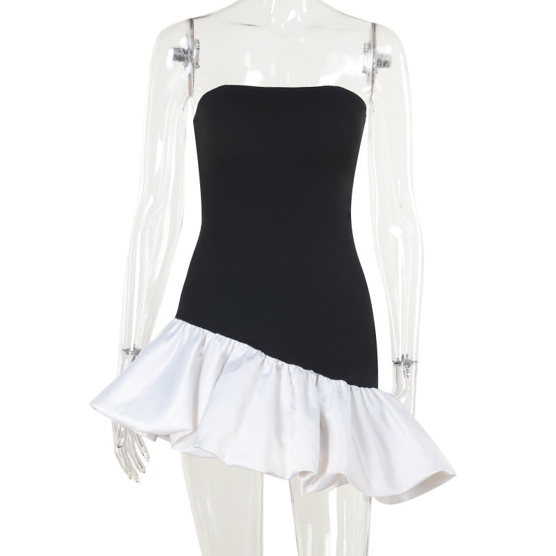 Damen schulterfreies Wickelkleid mit asymmetrischem Saum und farblich kontrastierender Rüsche R&B