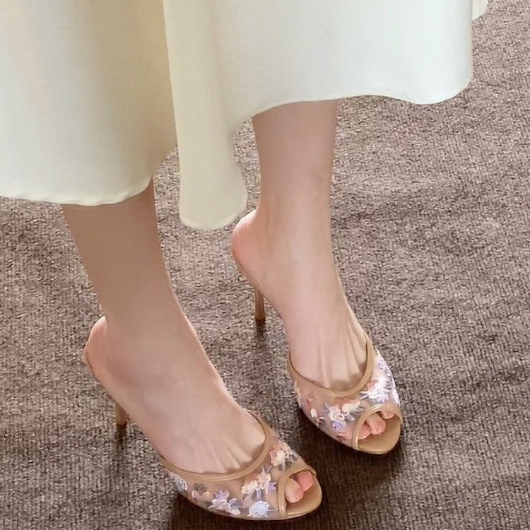 Damen Transparente Mules mit floralen Applikationen und hohen Absätzen R&B