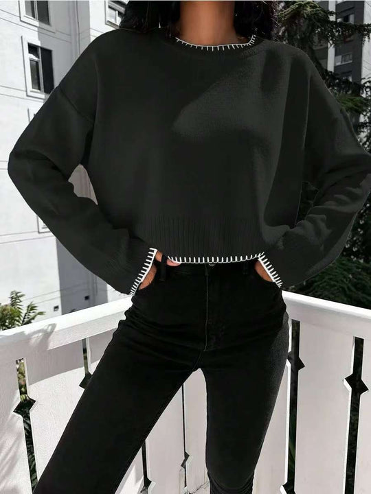 Damen lässiger Cropped Pullover mit feiner Rippstruktur und elastischem Bund R&B