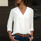 Damen elegante Bluse mit V-Ausschnitt und umschlagbaren Ärmeln R&B