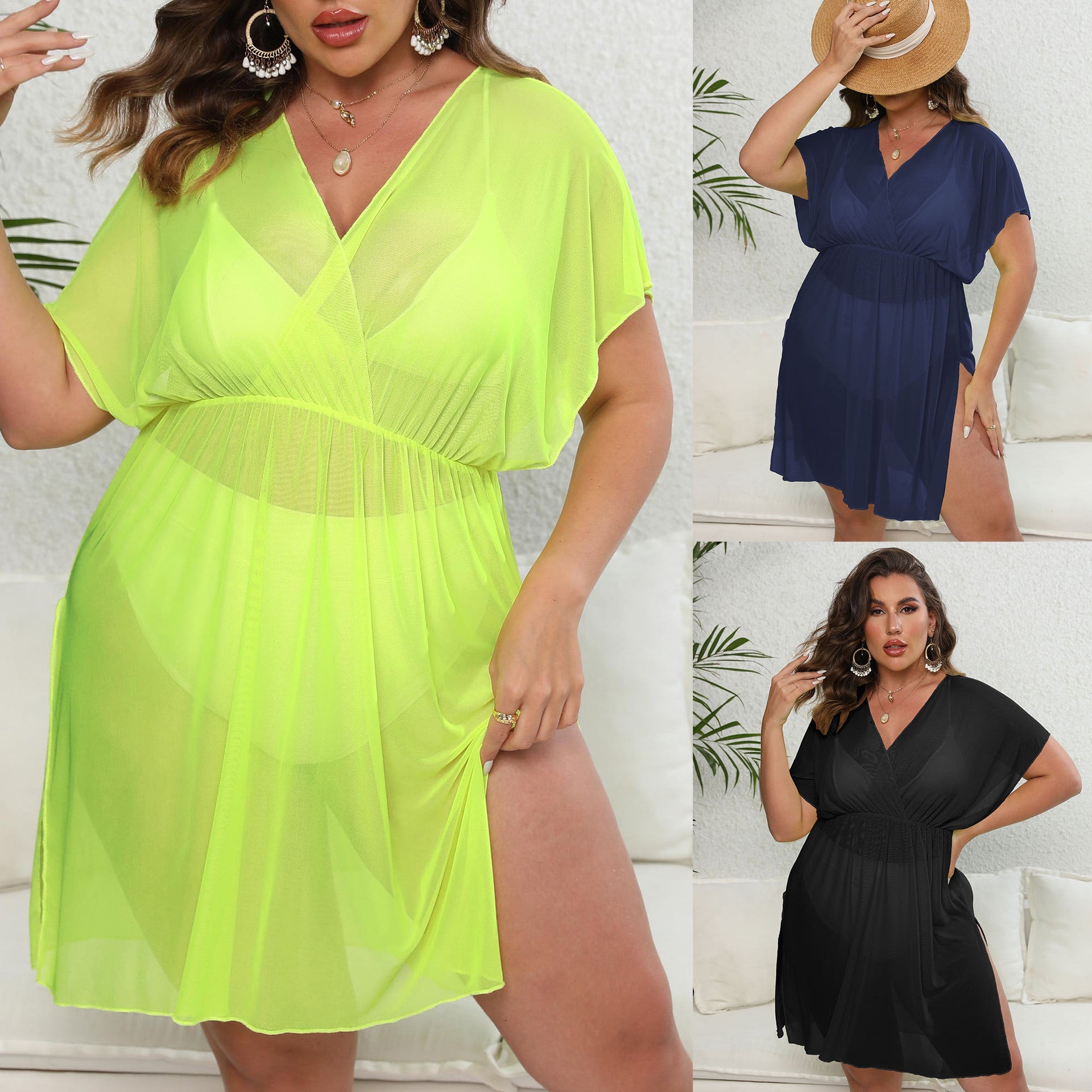 Damen luftiges Strandkleid mit V-Ausschnitt und breiten Ärmeln R&B