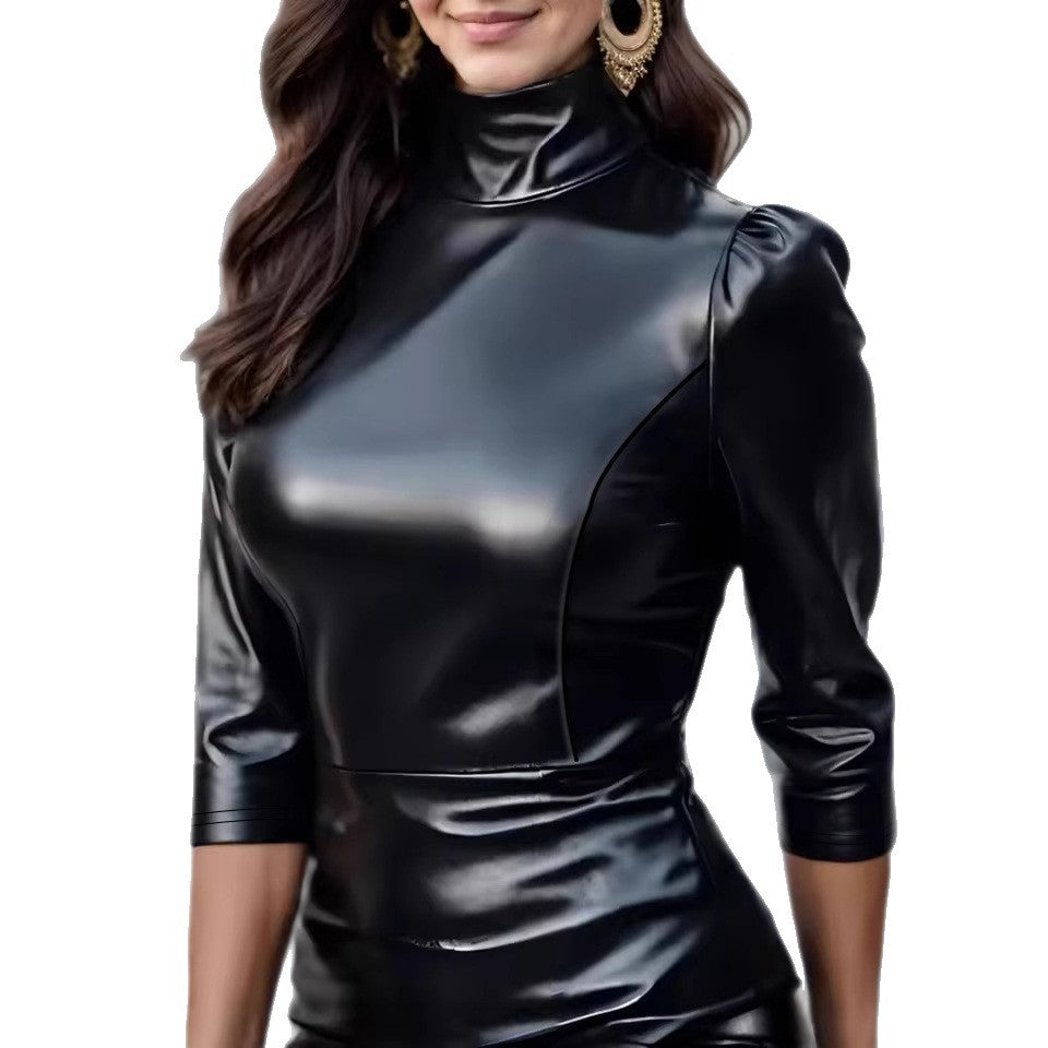 R&B – Elegantes Damen-Oberteil, Hochwertiges Kunstleder mit Hochgeschlossenem Kragen