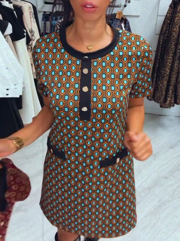 Damen Kurzarmkleid mit knöpfigem Ausschnitt und dekorativen Taschen Heidi-Mode