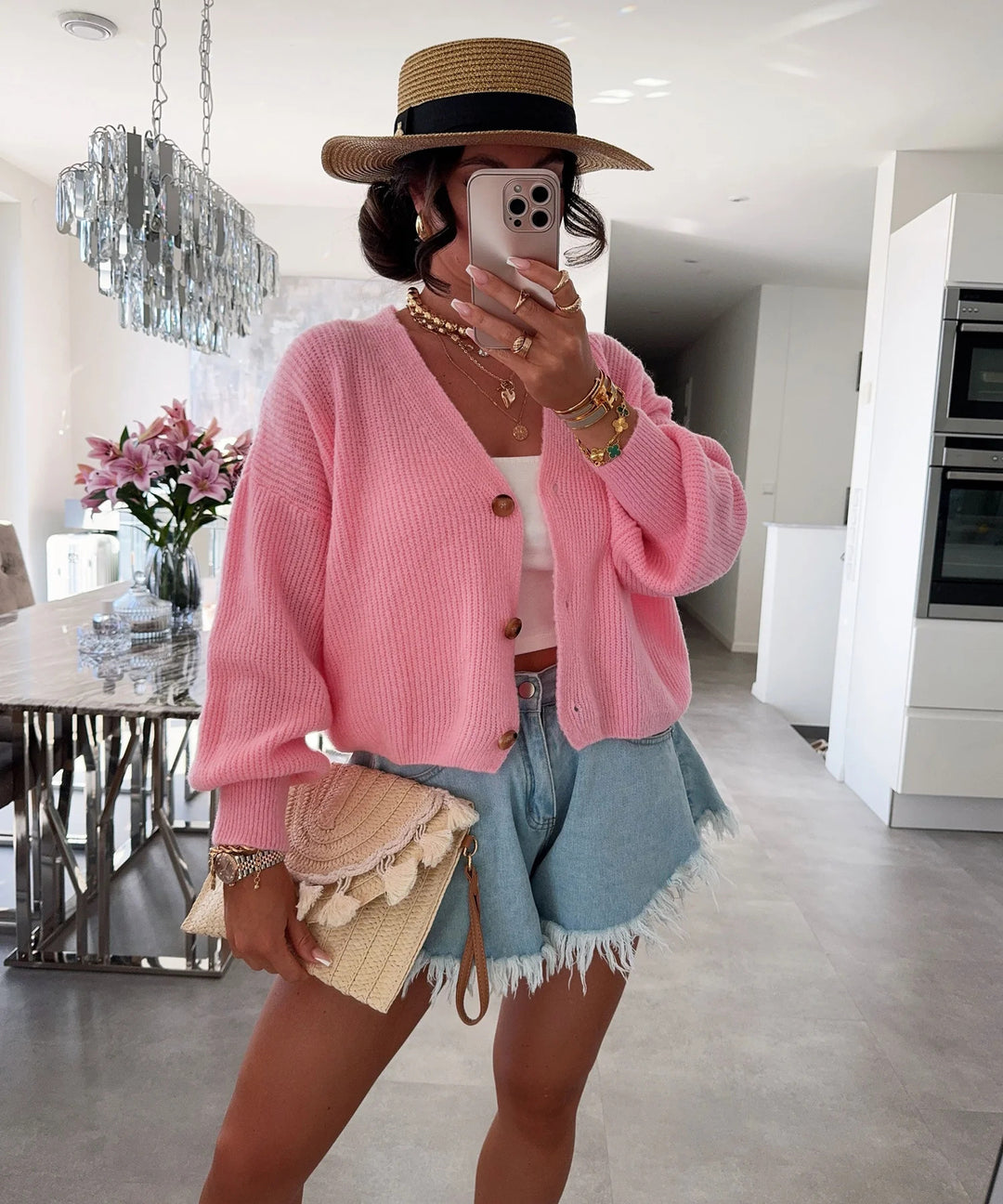 Damen Strickjacke mit voluminösen Ärmeln und hochwertigen Holzknöpfen R&B