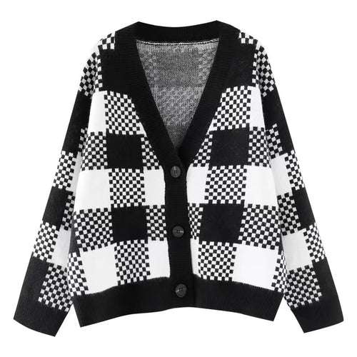 Damen Grobstrick Cardigan mit kontrastierendem Karomuster und Knopfdetails R&B