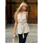 Damen ärmellose Blazer mit Bindegürtel und hoher Taillierung R&B