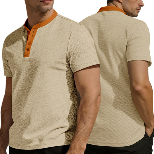 Herren nan schlankes Kurzarm-Henley-Poloshirt mit Mandarin-Kragen und feiner Jacquardstruktur R&B