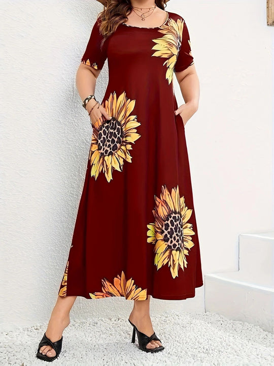 Damen Sommerliches Maxikleid mit floralem Sonnenblumenmuster und praktischen Taschen R&B