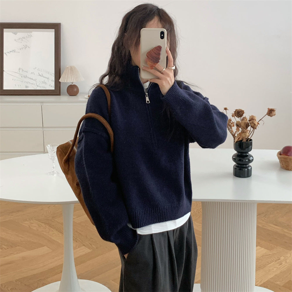 Damen Kurzpullover mit Stehkragen und Reißverschluss R&B