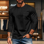 Herren nan figurbetontes Henley-Langarmshirt mit Brusttasche und feinem Stretchjersey R&B