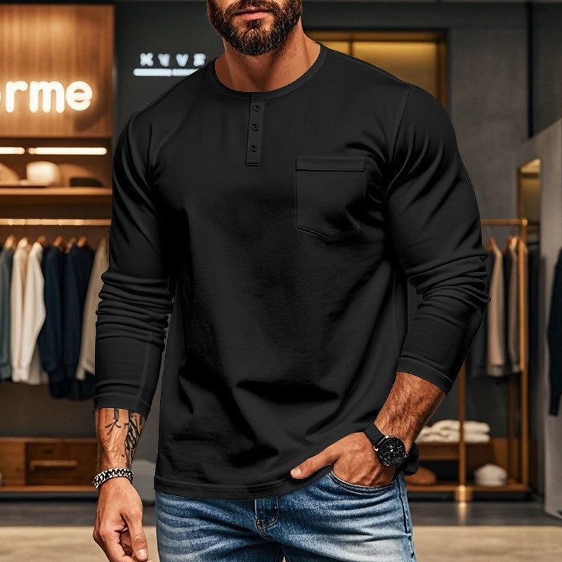 Herren nan figurbetontes Henley-Langarmshirt mit Brusttasche und feinem Stretchjersey R&B