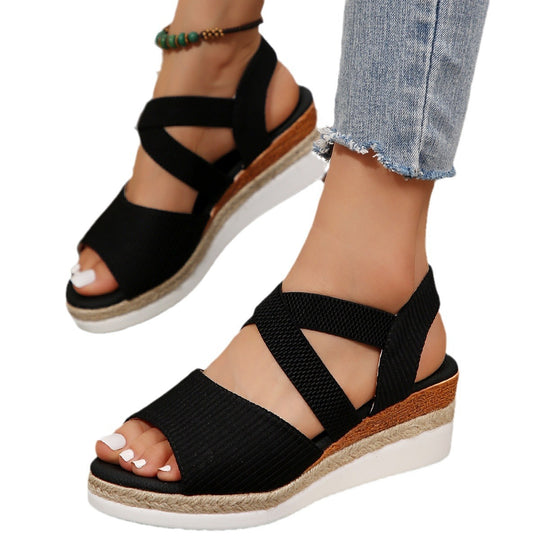 Damen Komfortable Wedge-Sandalen mit elastischen Riemen und Jutesohle R&B