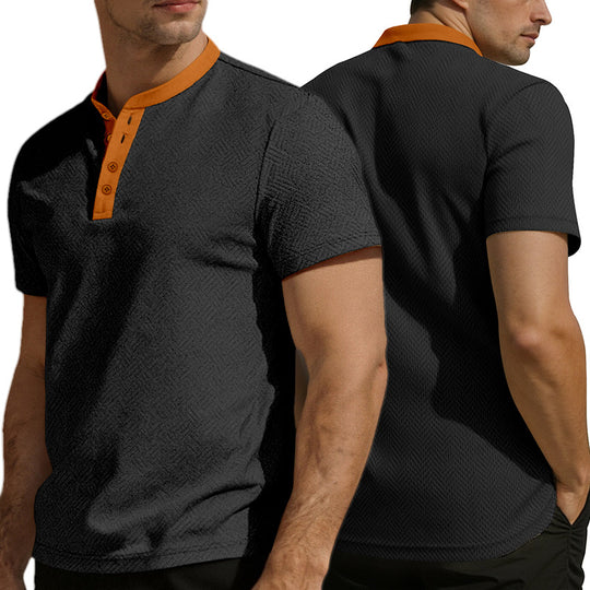Herren nan schlankes Kurzarm-Henley-Poloshirt mit Mandarin-Kragen und feiner Jacquardstruktur R&B
