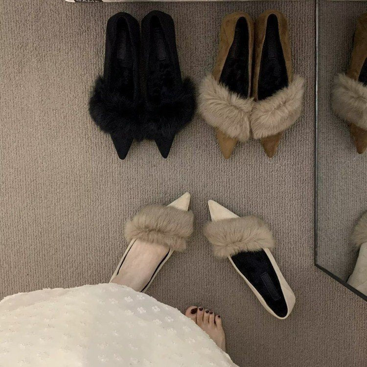 Damen spitze Slingbacks mit flauschigem Kragen und eleganter Absatzgestaltung R&B