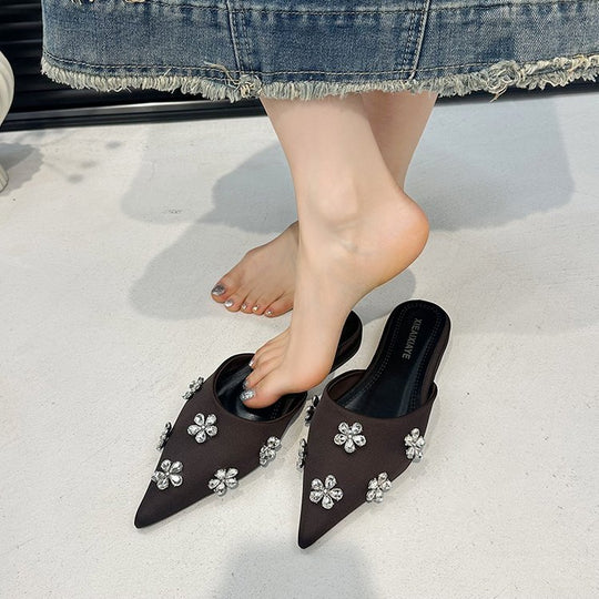 Damen elegante Mules mit funkelndem Blütenakzent R&B