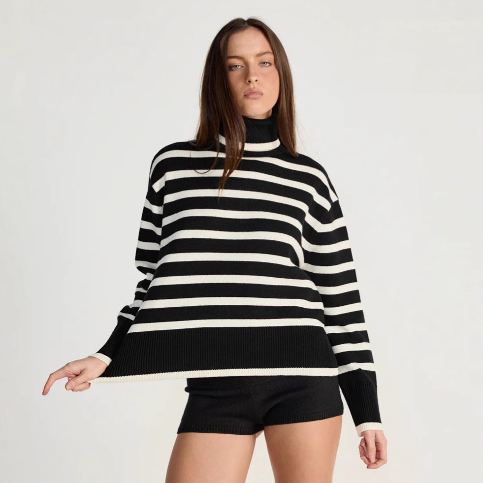 Damen gestreifter Rollkragenpullover mit lässigem Schnitt R&B