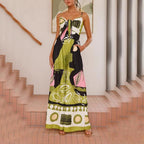 Damen Maxikleid im lR&Bhaften Druckdesign mit schulterfreiem Schnitt und eleganten Trägern R&B