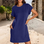 Damen lässiges Minikleid mit strukturiertem Stoff und umschlagbaren Ärmeln R&B