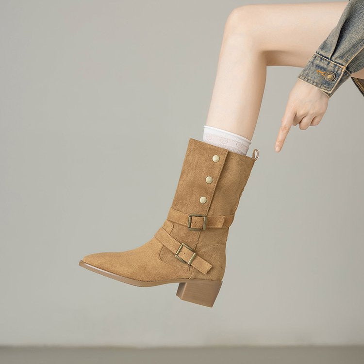Damen Modische Stiefel mit auffälligem Schnallen-Design und bequemem Blockabsatz R&B