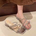 Damen elegante und glamouröse Sandalen mit funkelnden Applikationen und transparentem Blockabsatz EB
