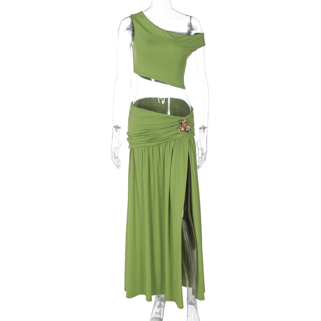 Damen Elegantes Off-Shoulder Maxikleid mit seitlichem Schlitz und raffiniertem Bund R&B