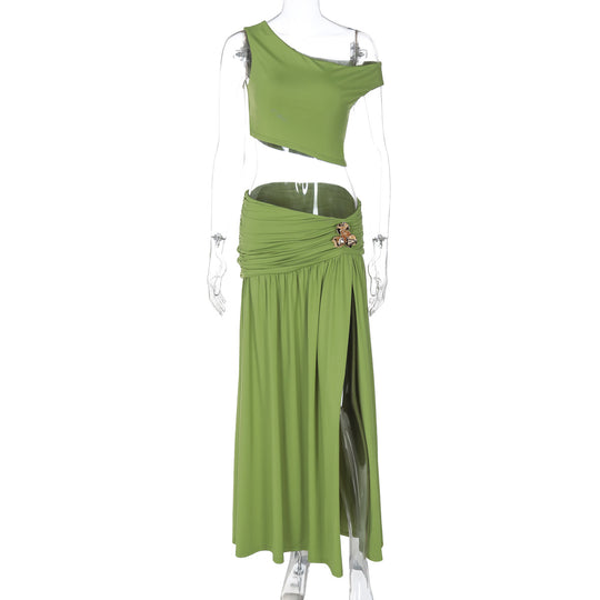 Damen Elegantes Off-Shoulder Maxikleid mit seitlichem Schlitz und raffiniertem Bund R&B