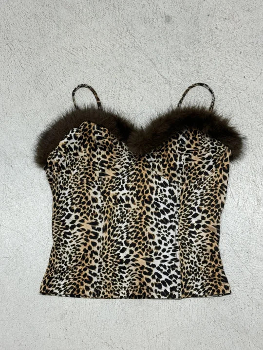 Damen Top mit Leopardenmuster und elegantem Fellbesatz R&B