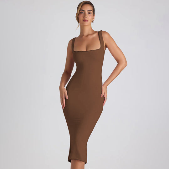 Damen figurbetontes Midikleid mit quadratischem Ausschnitt und Spitzenakzenten R&B