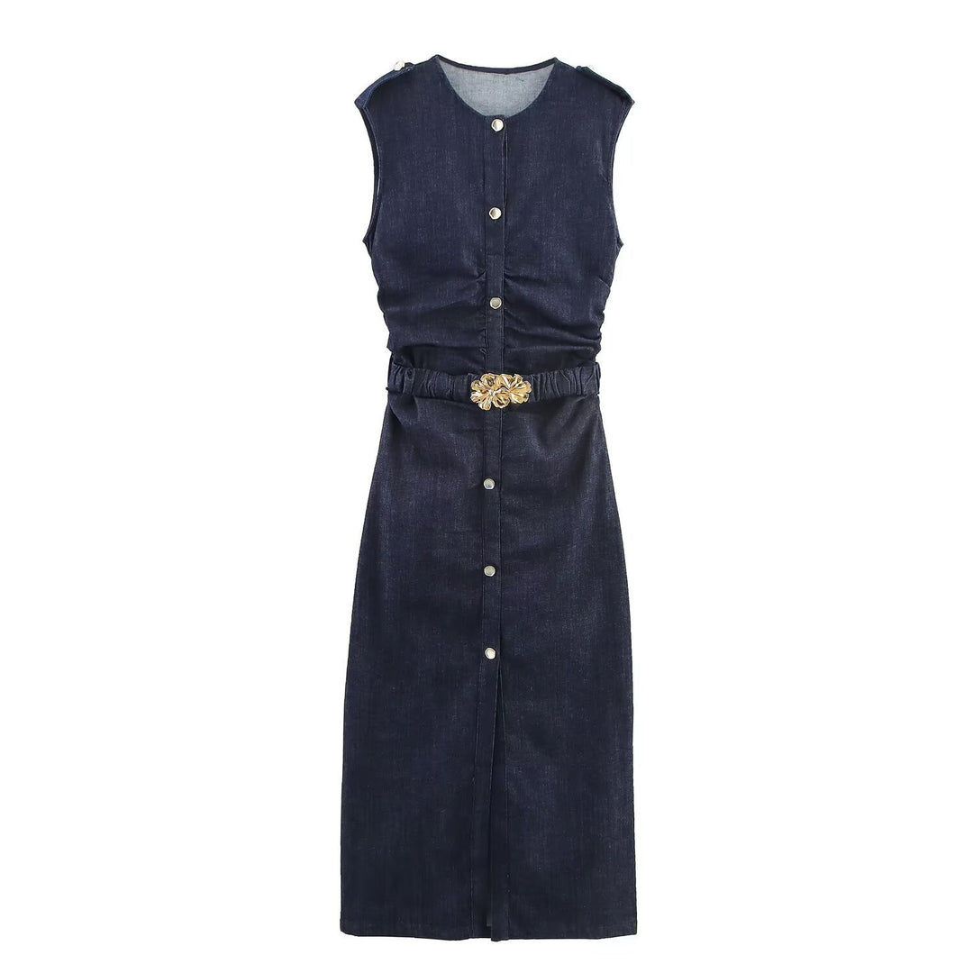 Damen Jeanskleid mit Wickelgürtel und eleganten Druckknöpfen R&B