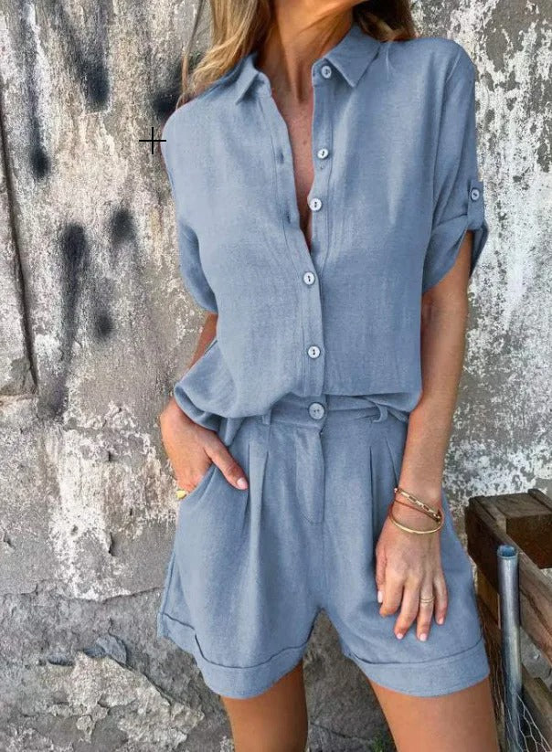 Damen Kurzoverall mit elegantem Hemdkragen und Taillengürtel R&B