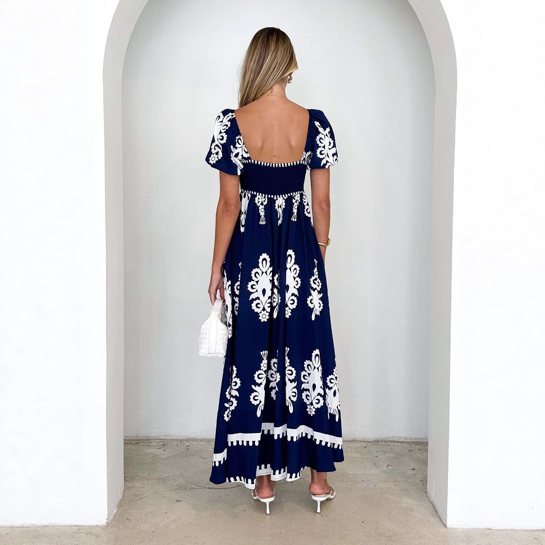 Damen Maxikleid mit elegantem quadratischen Ausschnitt und verspielten Puffärmeln R&B