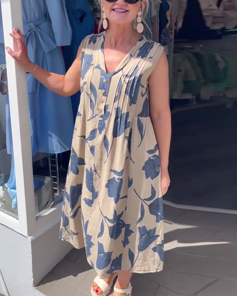 Damen nan ärmelloses A-Linien-Midikleid mit V-Ausschnitt, Brustfalten, Knopfleiste und großem Blumenprint R&B