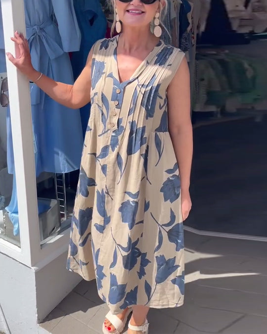 Damen nan lässiges V-Ausschnitt-Midikleid mit Brustpasse, senkrechten Falten und dekorativer Knopfleiste R&B