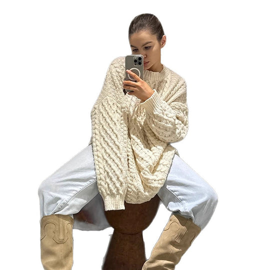 Damen Oversized Strickpullover mit Zopfmuster R&B
